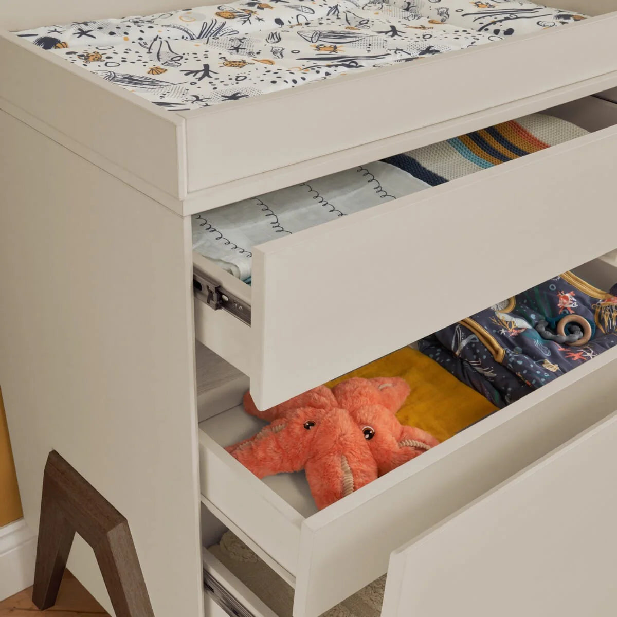 Tutti Bambini Fuori Mini 3 Piece Nursery Furniture Set with Cot Bed, Dresser & Wardrobe - White Sand / Warm Walnut