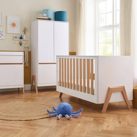 Tutti Bambini Fuori 3 Piece Nursery Furniture Set with Cot Bed, Dresser & Wardrobe - White / Light Oak