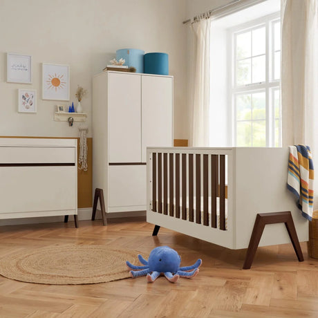 Tutti Bambini Fuori 3 Piece Nursery Furniture Set with Cot Bed, Dresser & Wardrobe - White Sand / Warm Walnut