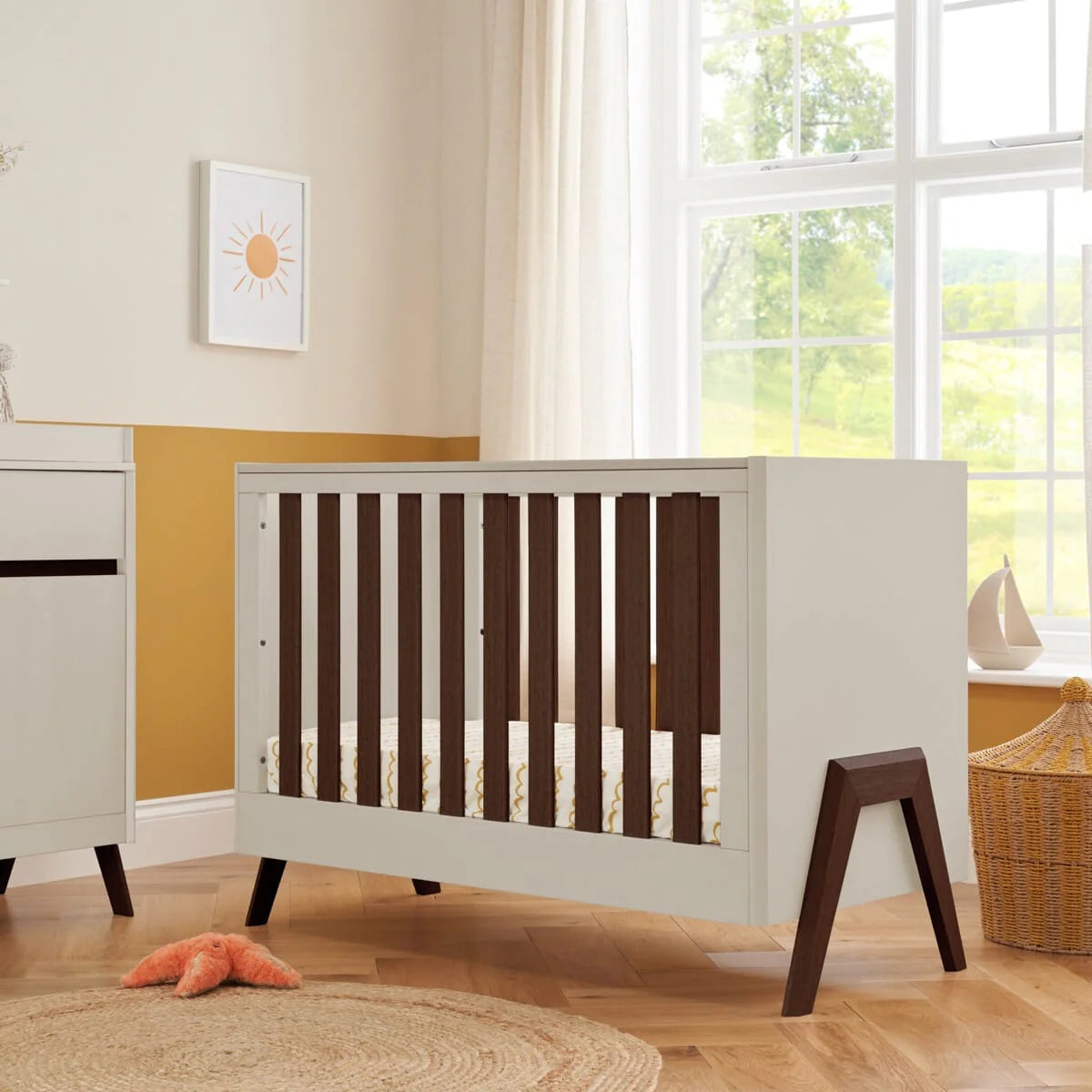 Tutti Bambini Fuori Mini 3 Piece Nursery Furniture Set with Cot Bed, Dresser & Wardrobe - White Sand / Warm Walnut
