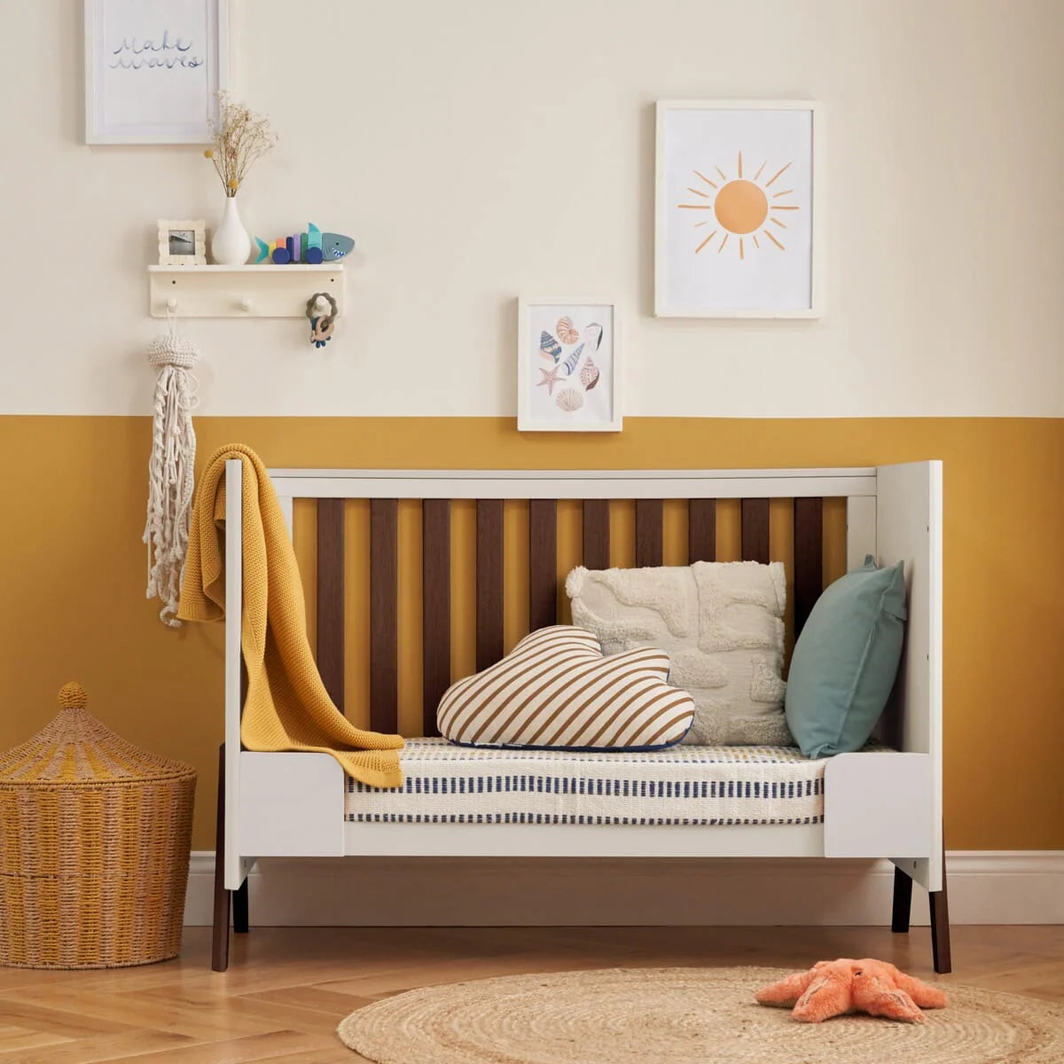 Tutti Bambini Fuori Mini 3 Piece Nursery Furniture Set with Cot Bed, Dresser & Wardrobe - White Sand / Warm Walnut