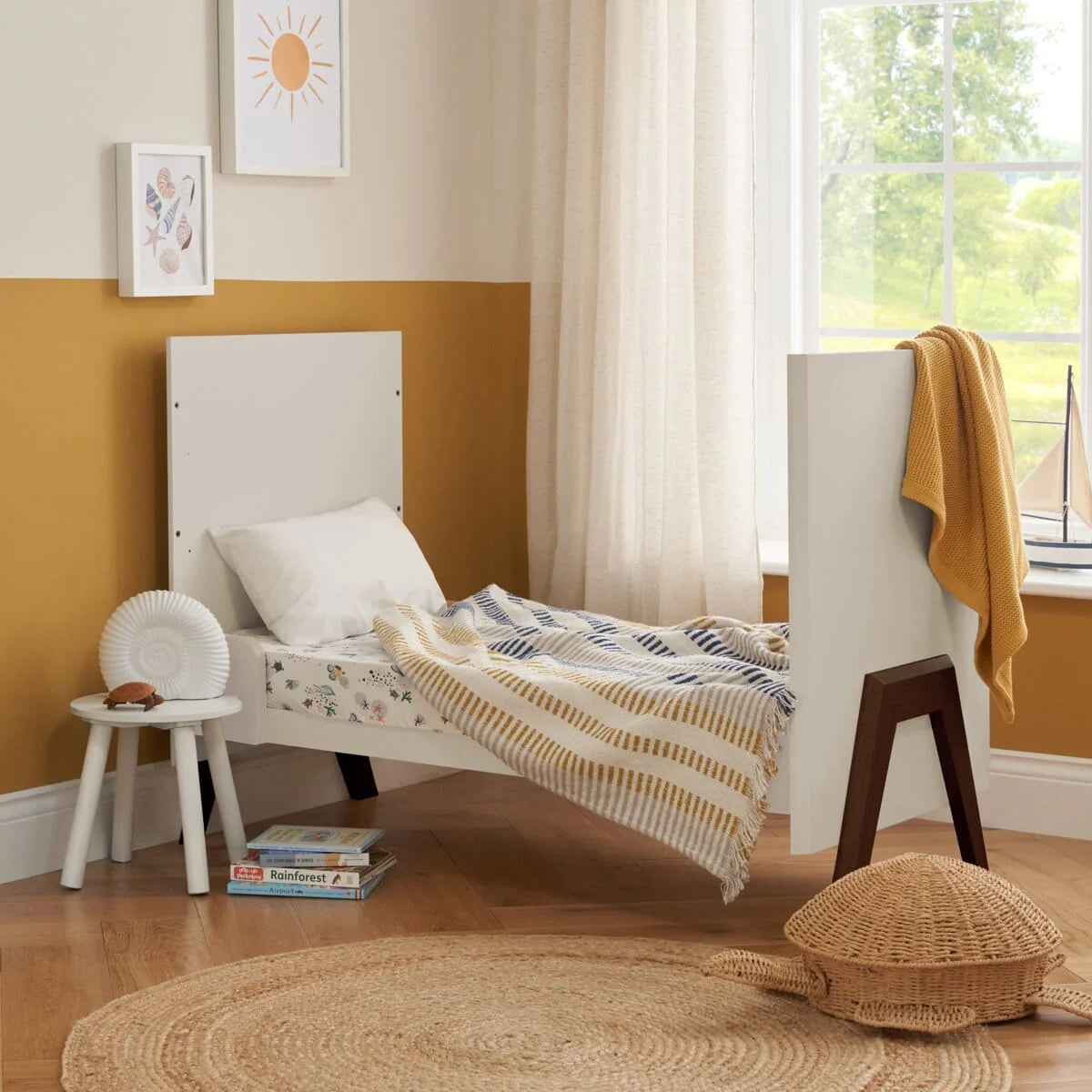 Tutti Bambini Fuori Mini 3 Piece Nursery Furniture Set with Cot Bed, Dresser & Wardrobe - White Sand / Warm Walnut