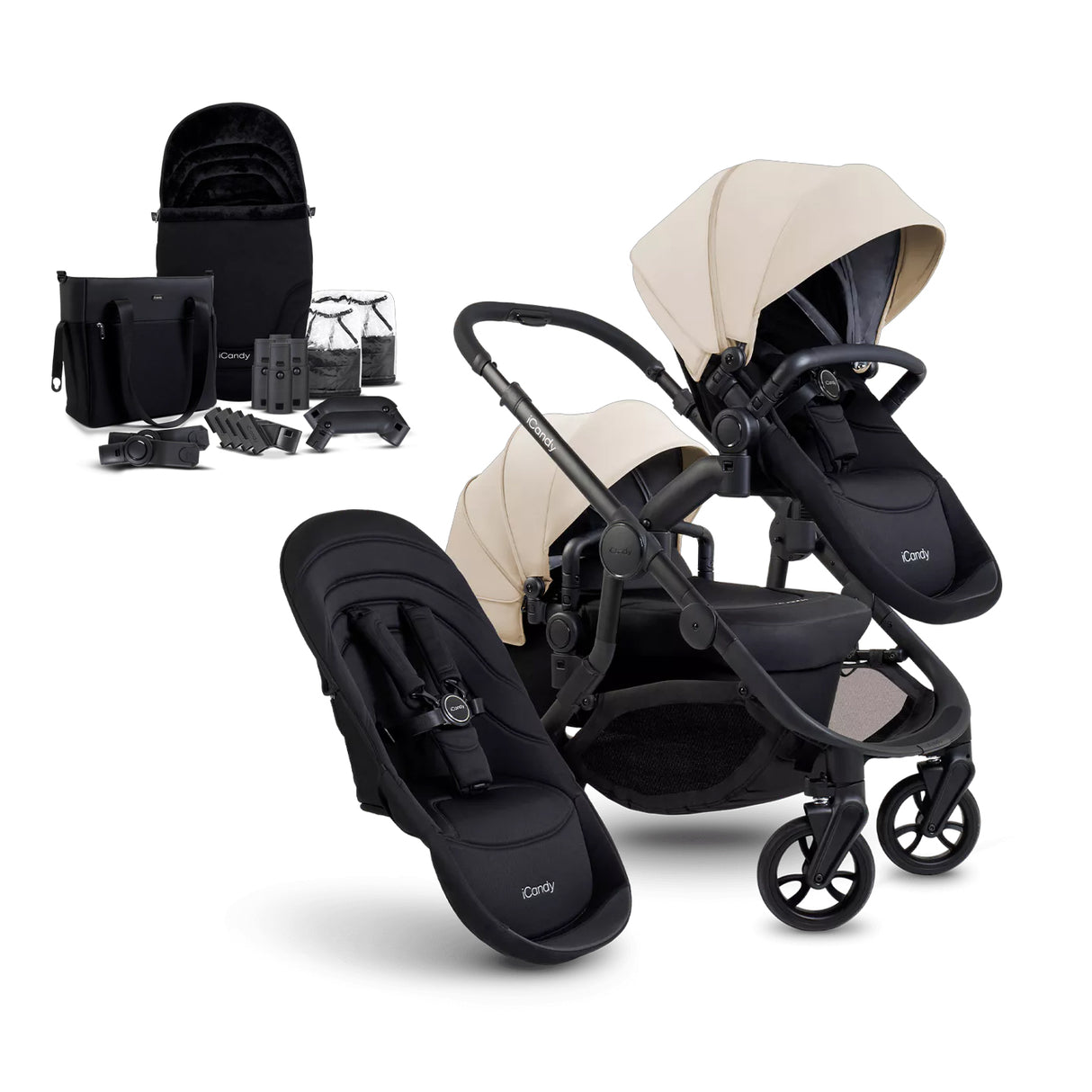 iCandy Orange 4 Complete Double Pushchair Bundle with Accessories - Latte