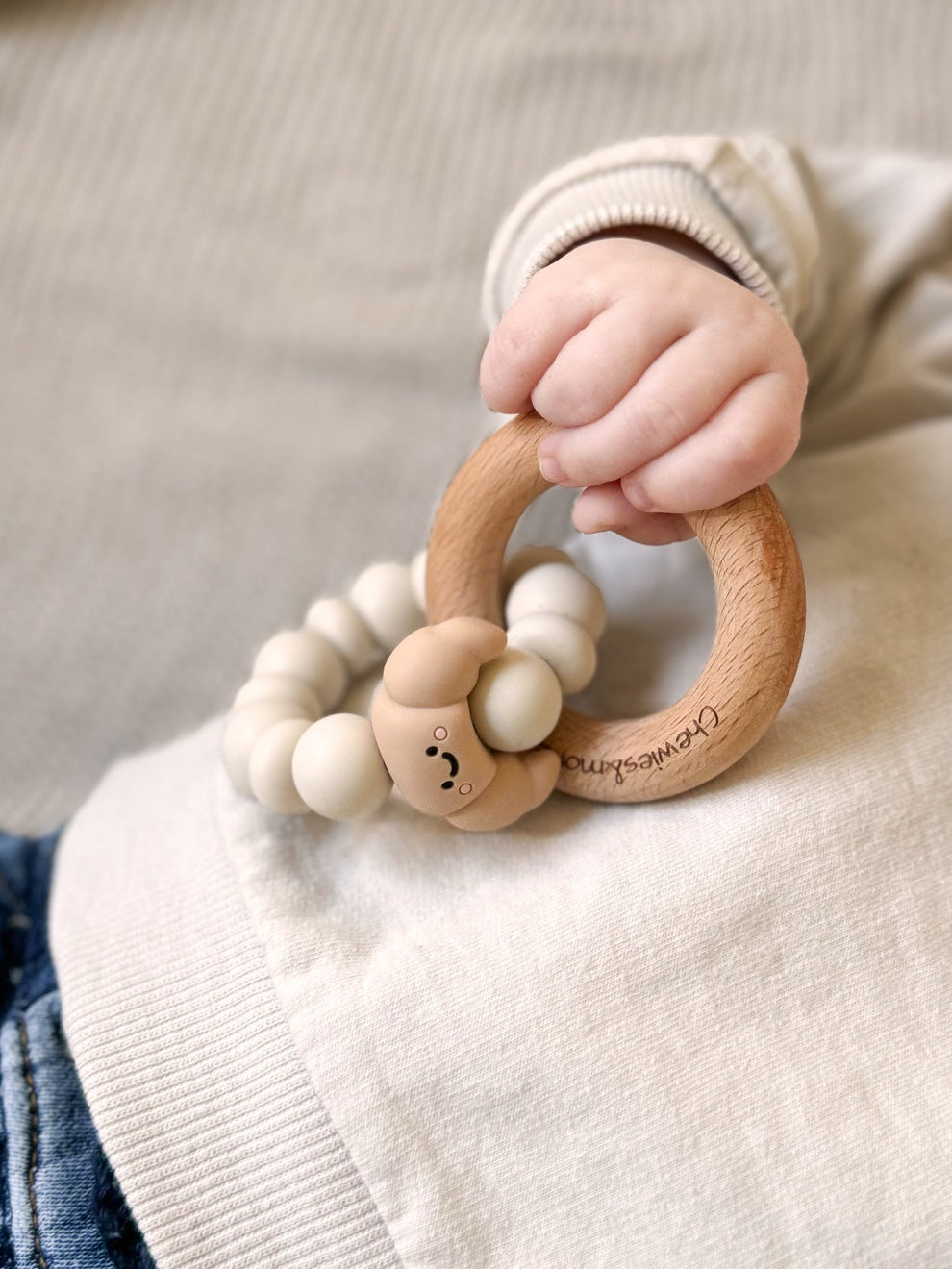Chewies Wooden & Silicone Croissant Teething Ring - Latte
