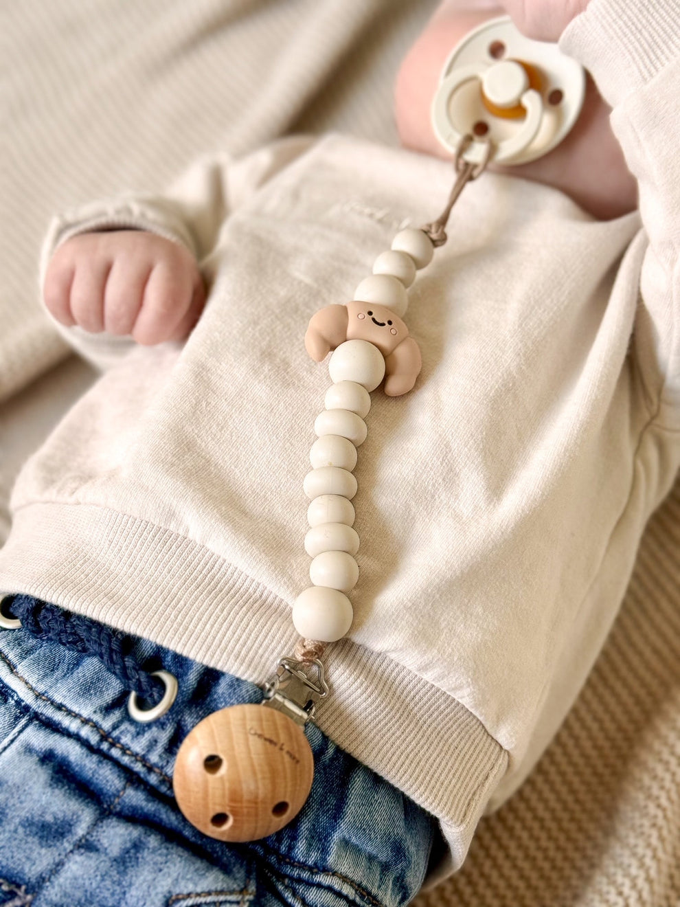 Chewies Silicone Croissant Pacifier Teething Clip - Latte