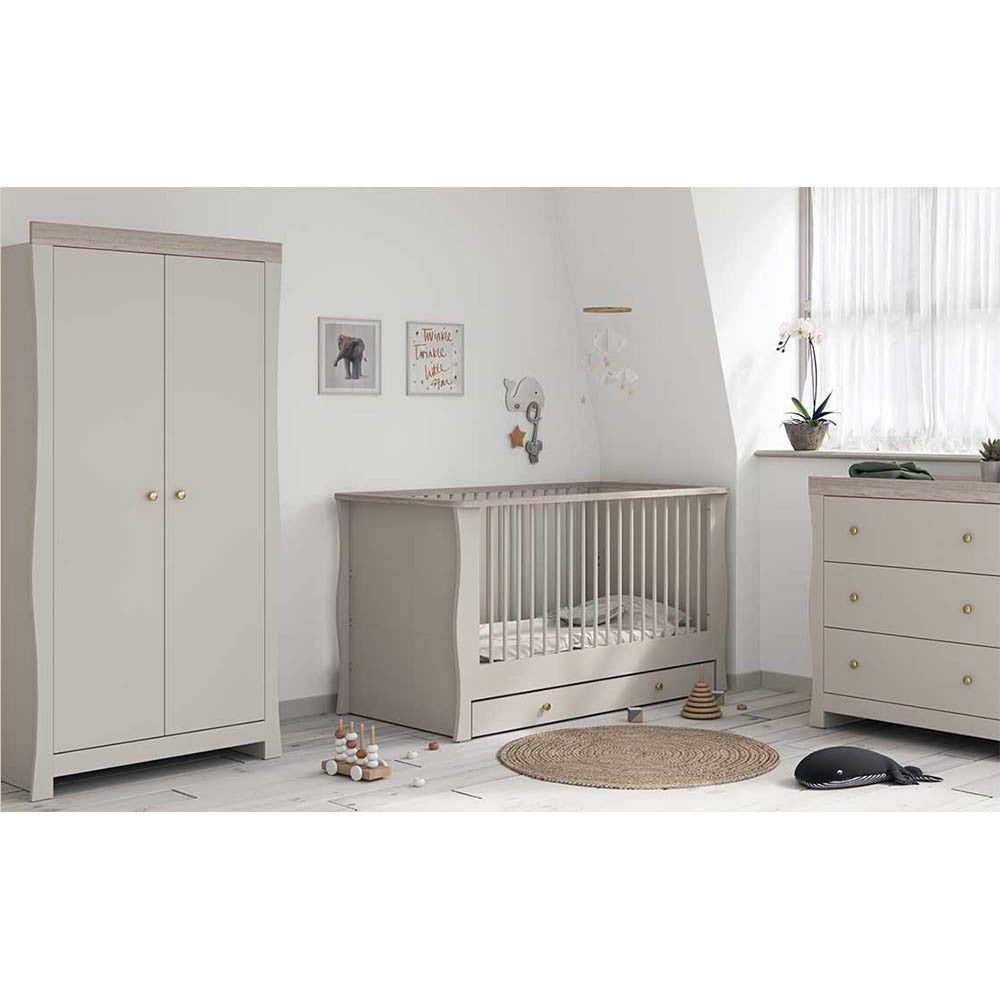 Little Acorns Celeste 3 Piece Nursery Furniture Set with Cot Bed, Under Drawer, Dresser and Wardrobe - Cashmere & Grey Ash