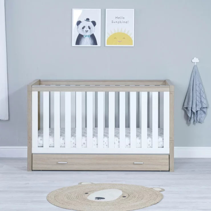 Babymore Luno 2 Piece Nursery Furniture Set with Cot Bed, Under Drawer and Dresser - White / Oak