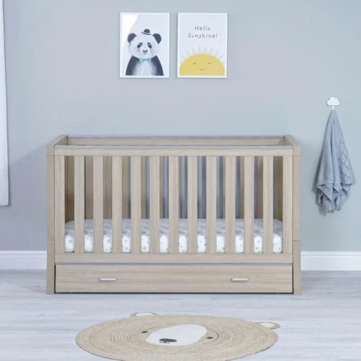 Babymore Luno Cot Bed with Under Drawer - Oak