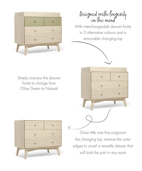 Mamas & Papas Coxley 2 Piece Nursery Furniture Set with Cot Bed & Dresser - Natural/Olive Green