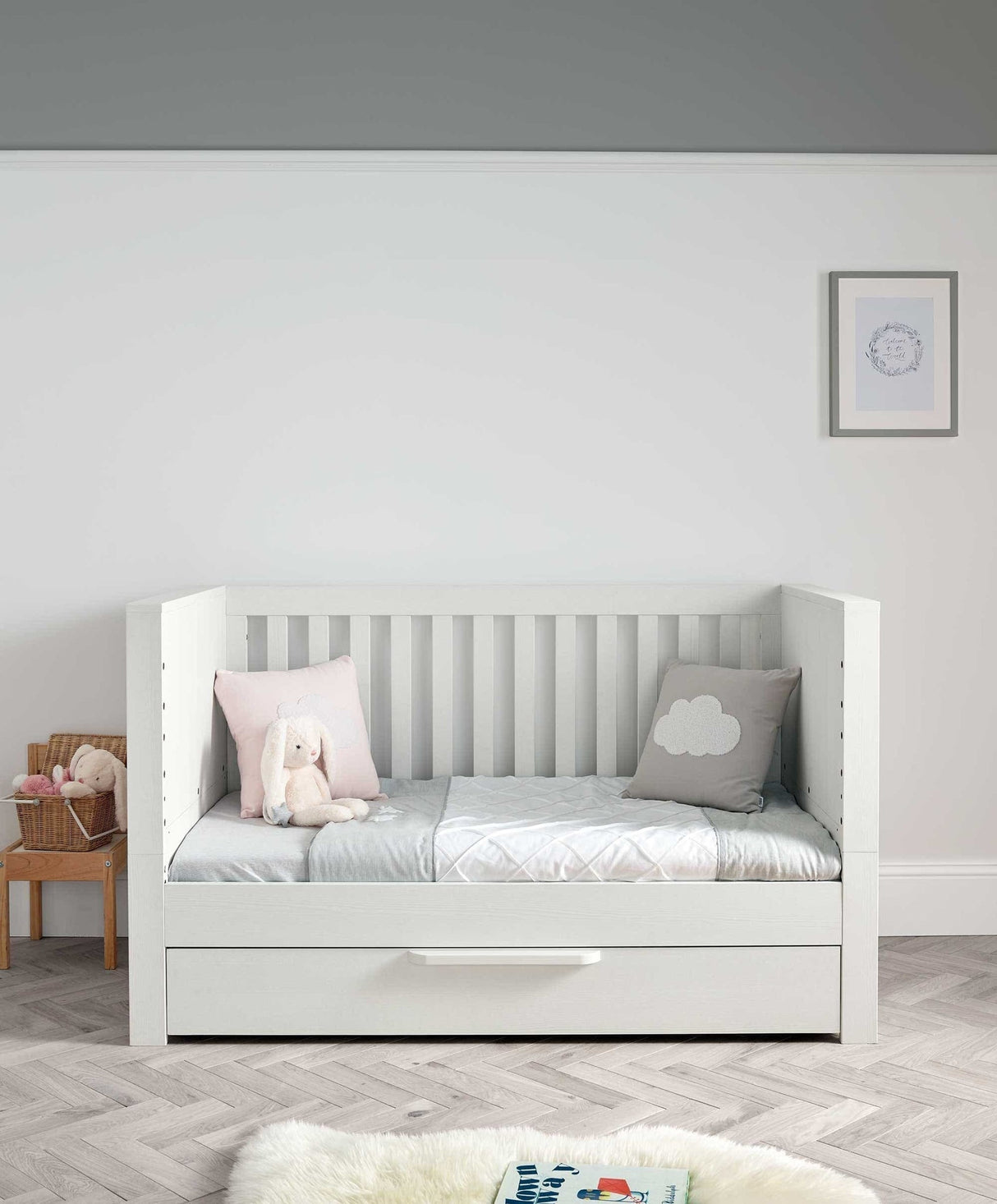 Mamas & Papas Franklin 3 Piece Nursery Furniture Set with Cot Bed, Dresser and Wardrobe - White Wash
