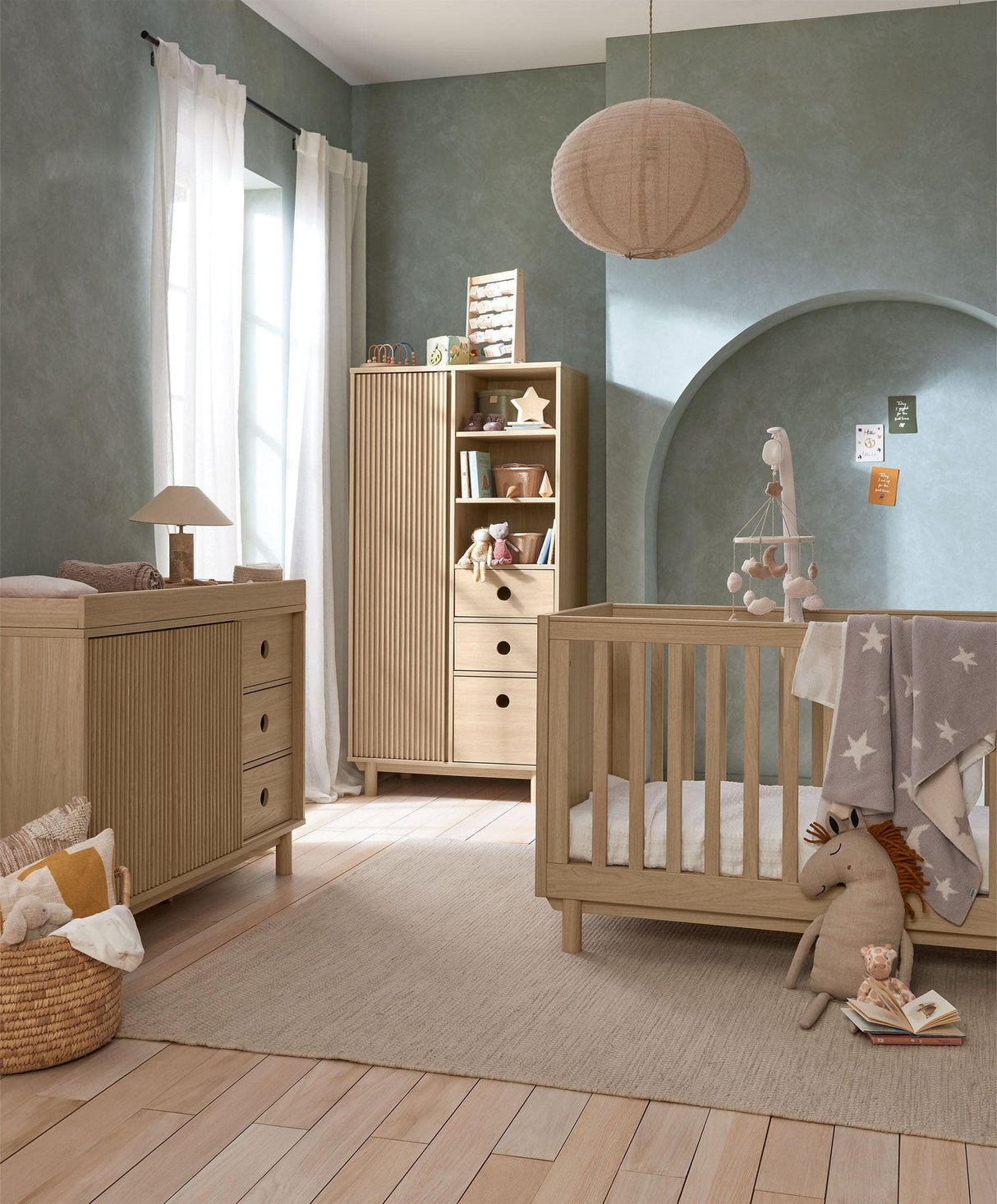 Mamas & Papas Oska 3 Piece Nursery Furniture Set with Cot Bed, Wide Dresser and Wardrobe - Natural Oak