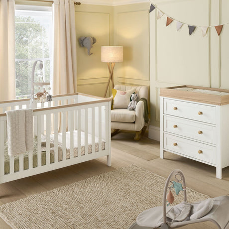 Mamas & Papas Wedmore 2 Piece Nursery Furniture Set with Cotbed and Dresser/Changer - White/Oak
