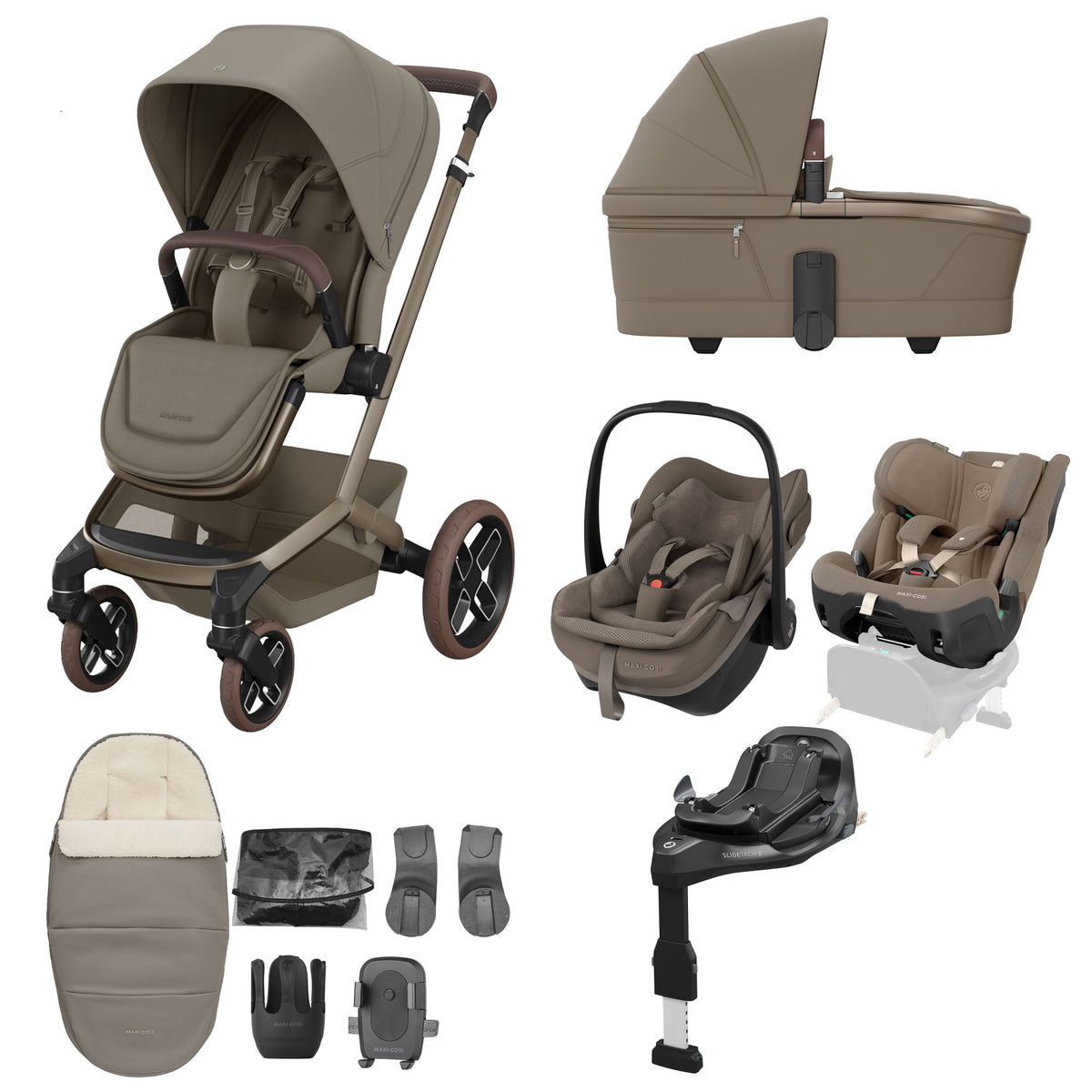 Maxi Cosi Fame 2026 Premium Family XL Travel System with Pebble Slide Pro Car Seat, Pearl XL Car Seat & Slide Pro Base - Oak Truffle 1
