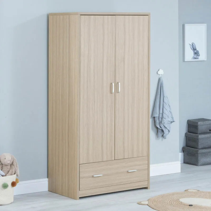 Babymore Luno 3 Piece Nursery Furniture Set with Cot Bed, Under Drawer, Dresser and Wardrobe - Oak