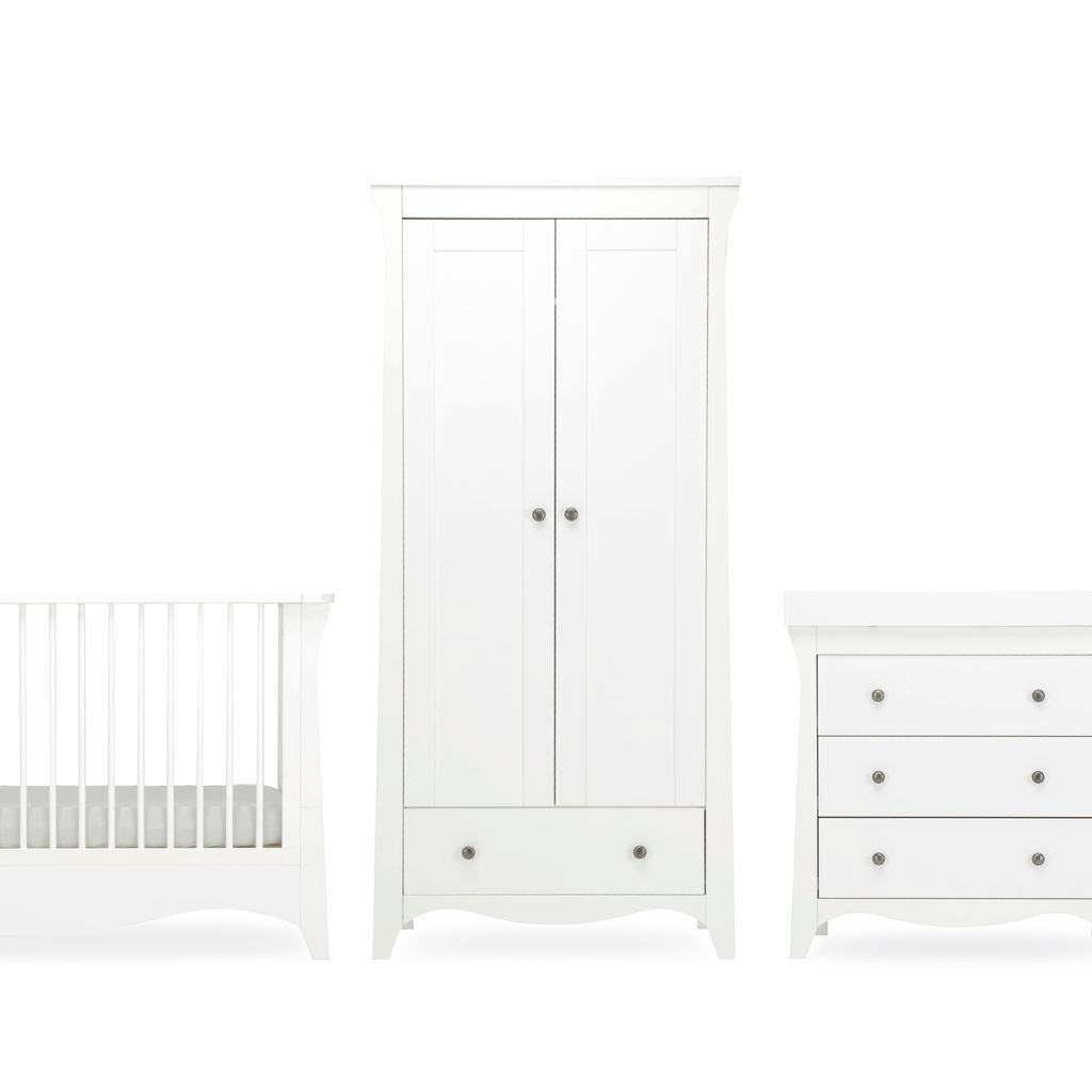 CuddleCo Clara 3 Piece Nursery Furniture Set with Cot Bed, Dresser and Wardrobe - White