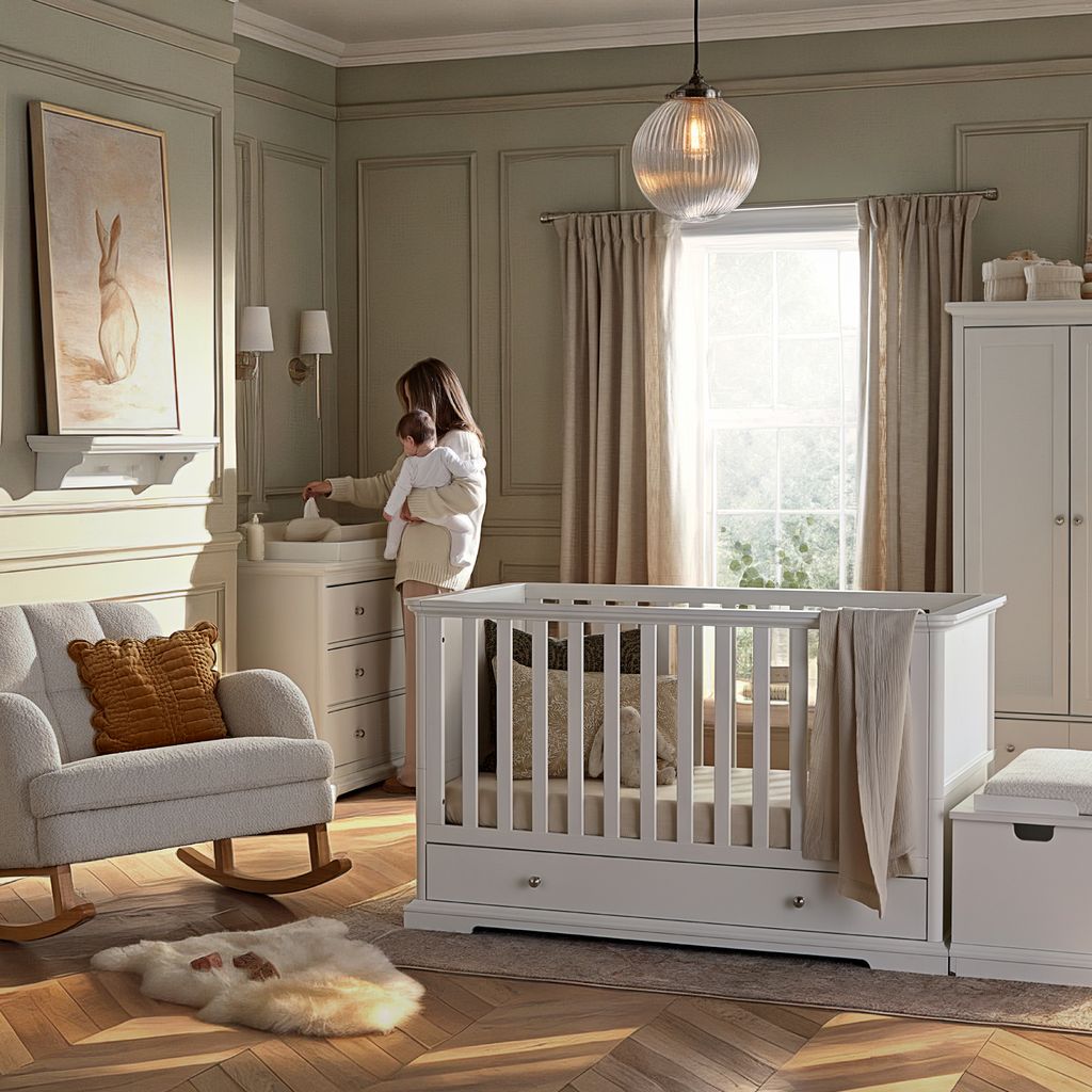 CuddleCo Beaumont 3 Piece Nursery Furniture Set with Cot Bed, Dresser & Wardrobe - White