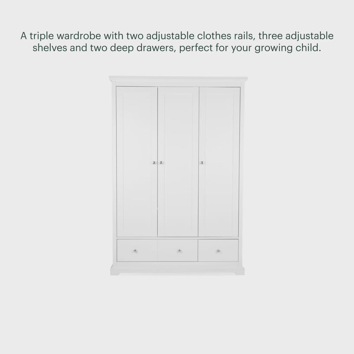 CuddleCo Beaumont Grand 3 Piece Nursery Furniture Set with Cot Bed, Dresser & Wardrobe - White