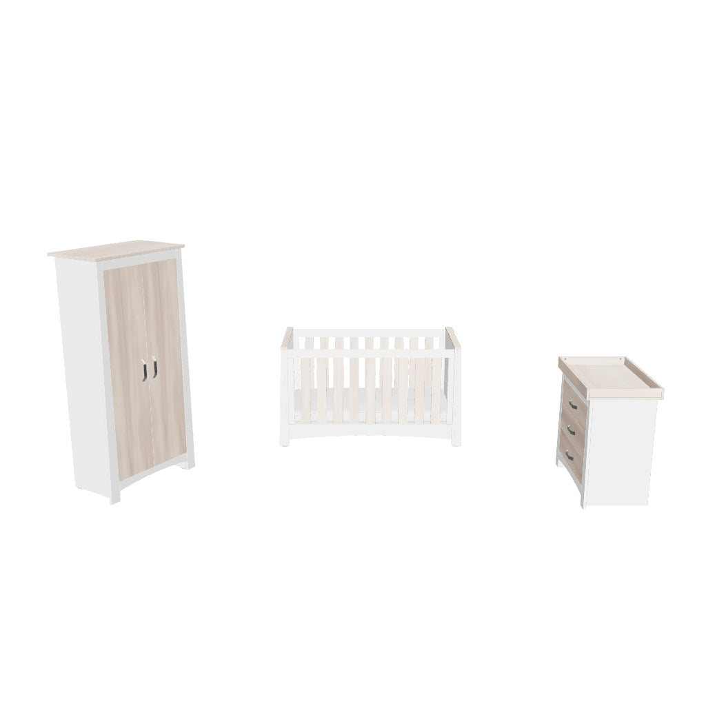 CuddleCo Ada 3 Piece Nursery Furniture Set with Cot Bed, Dresser and Wardrobe - White & Ash