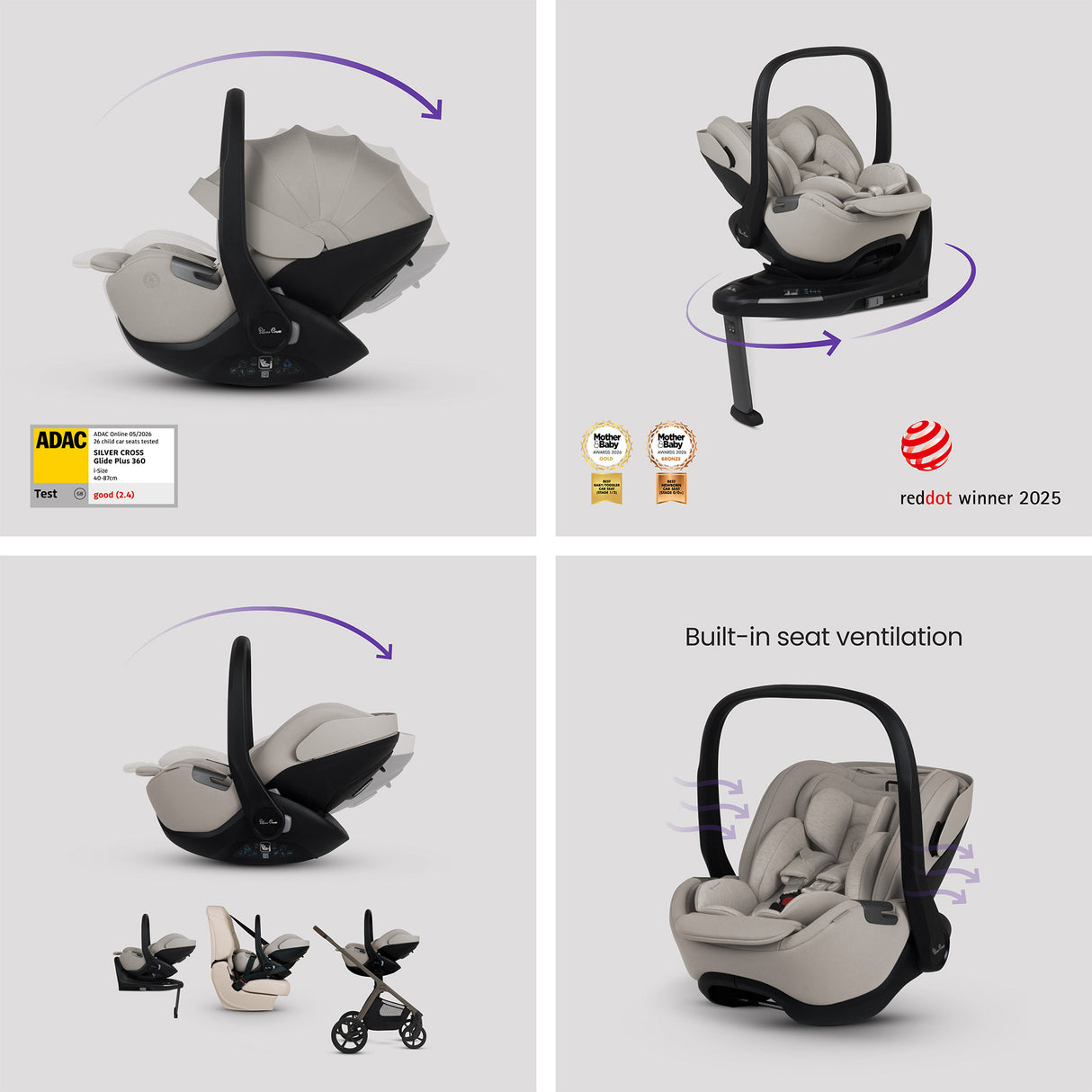 Silver Cross Cove 2 Ultimate Bundle inc Glide Car Seat & Base Plus - Champagne 9