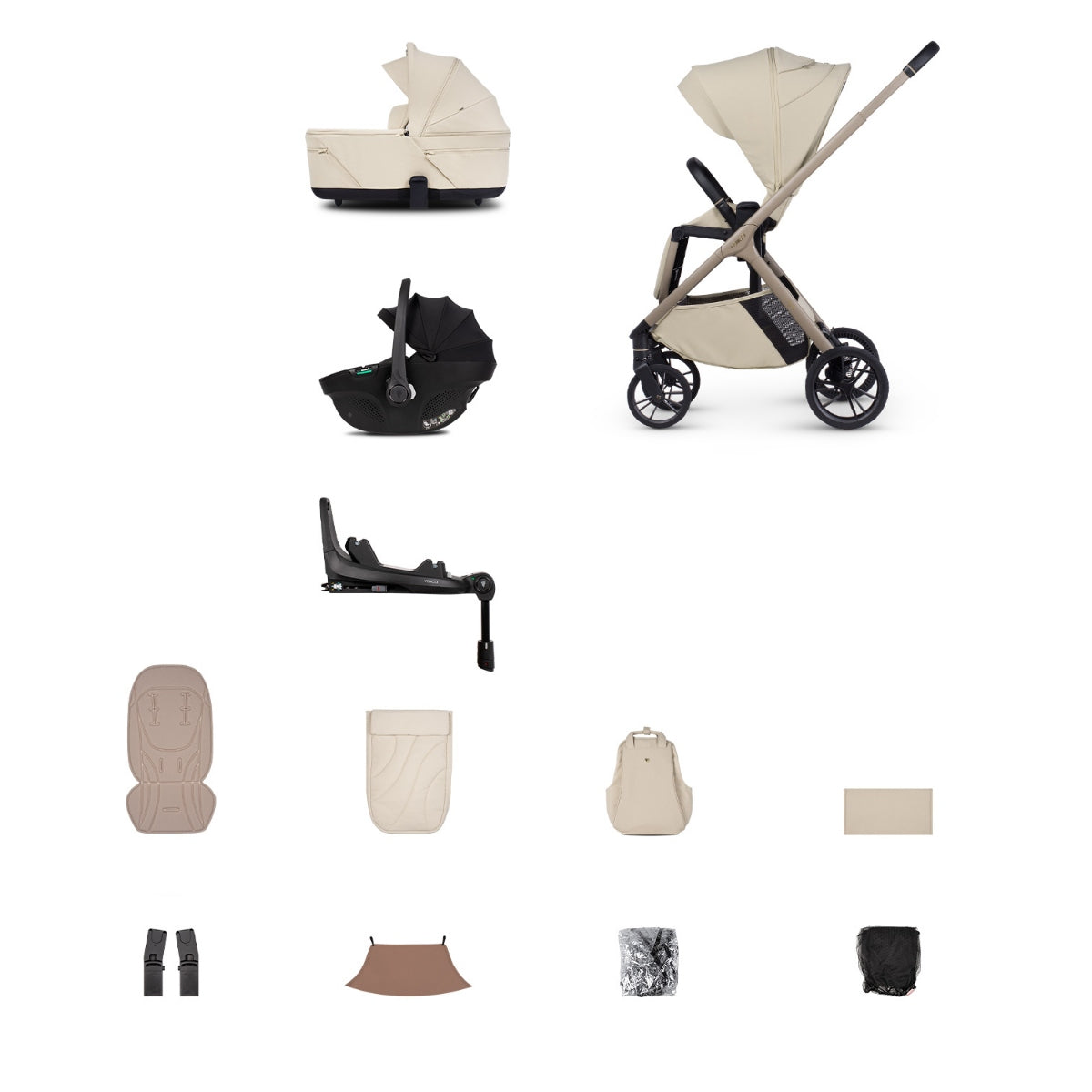 Venicci Tila Travel System with Accessories and Tiago Car Seat & ISOFIX Base - Sabbia