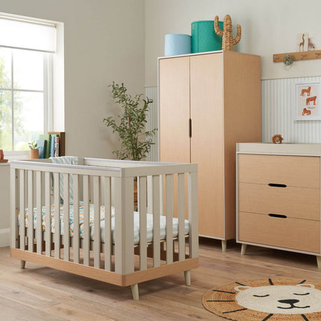 Tutti Bambini Hygge Mini 3 Piece Nursery Furniture Set with Cot Bed, Dresser & Wardrobe - Light Oak/White Sand