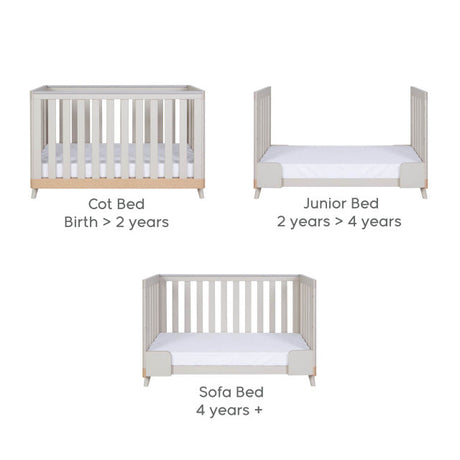 Tutti Bambini Hygge Mini 3 Piece Nursery Furniture Set with Cot Bed, Dresser & Wardrobe - Light Oak/White Sand