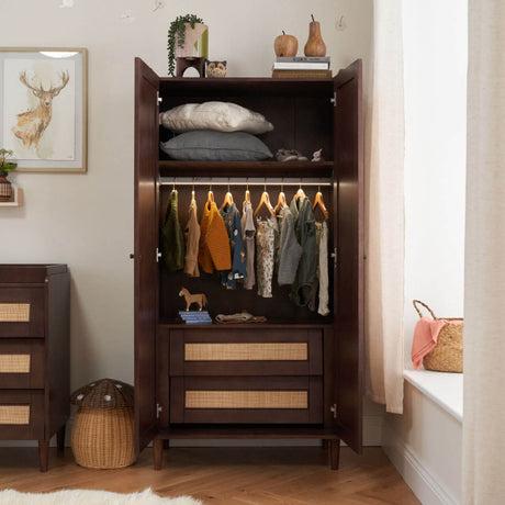Tutti Bambini Japandi Mini 3 Piece Nursery Furniture Set with Cot Bed, Dresser and Wardrobe - Warm Walnut